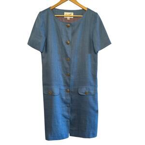 1980's Scassi Dresses 100% Linen Size 8 Blue Lined Button Front Shirt Dress